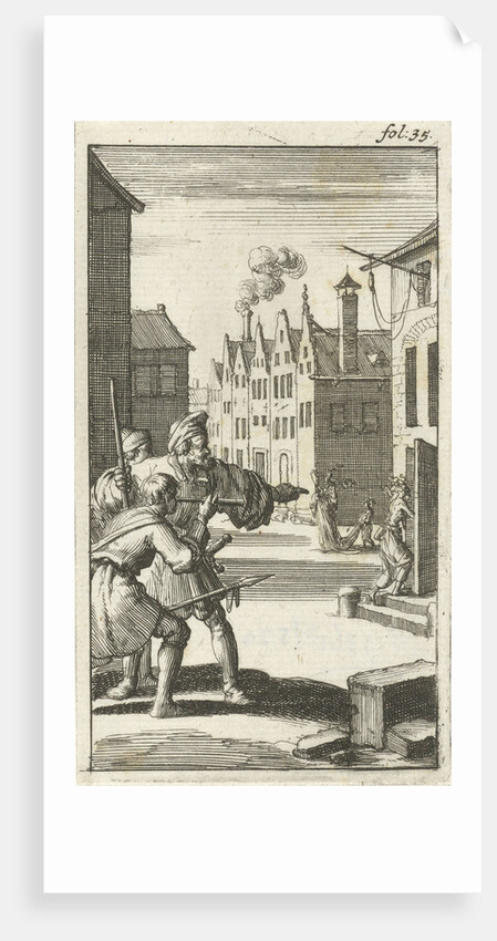 Three men see Sin enter a house by Abraham Boekholt