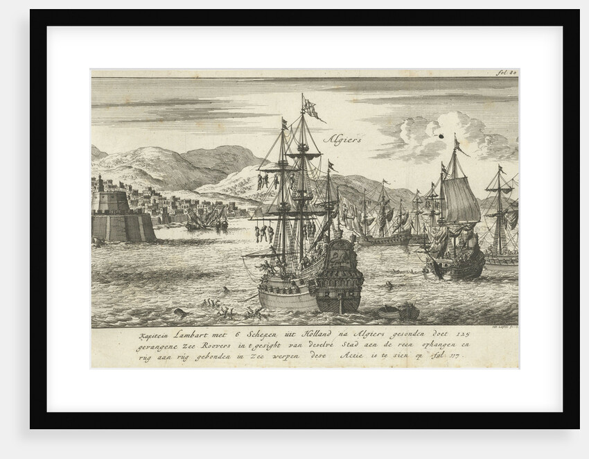 Captain Lambert Hendrikszoon hangs 125 pirates from the yards of his ships or throws them into the sea off the port of Algiers by Jan Claesz ten Hoorn