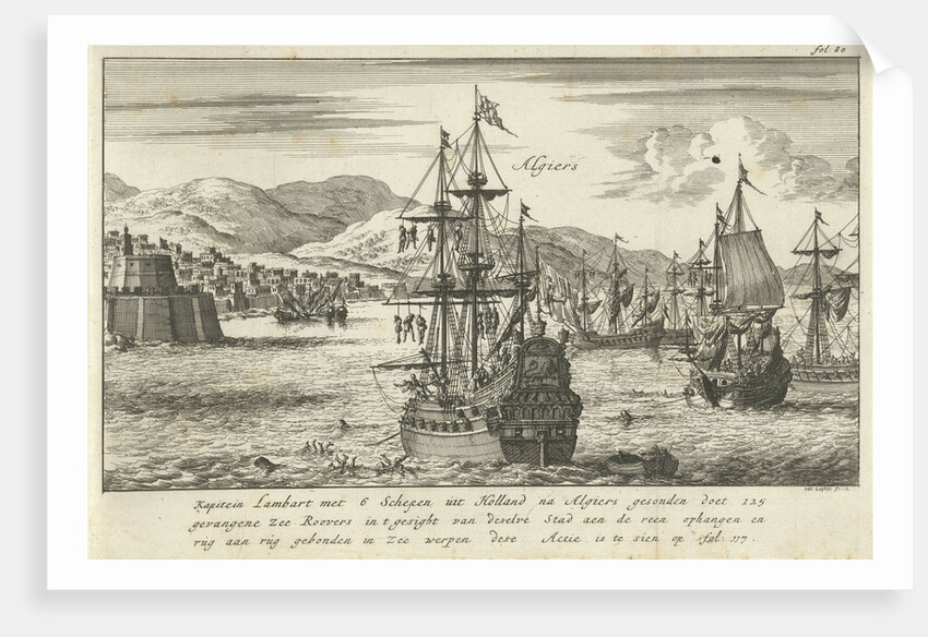 Captain Lambert Hendrikszoon hangs 125 pirates from the yards of his ships or throws them into the sea off the port of Algiers by Jan Claesz ten Hoorn