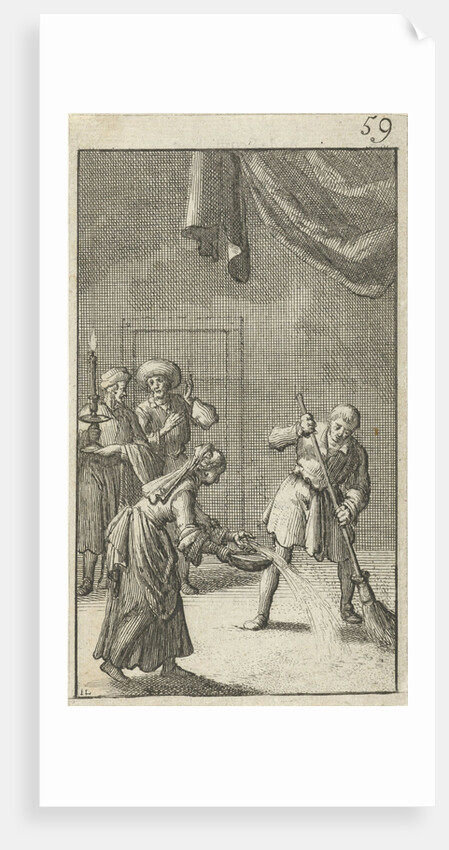 Christian watches as a man and woman are cleaning the floor by Johannes Boekholt