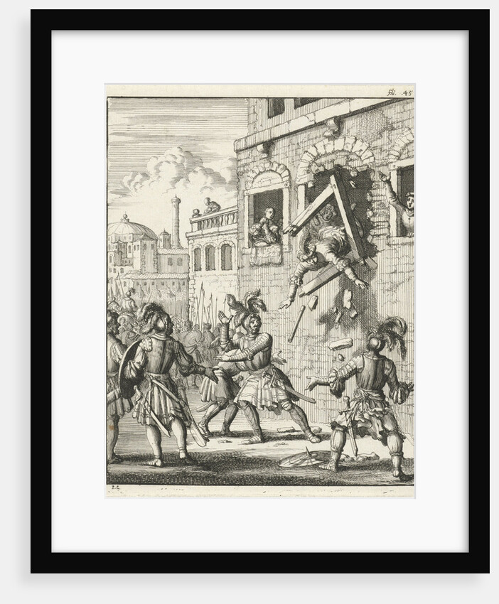 Henry II, Count of Champagne, plummeting through a broken window frame by Timotheus ten Hoorn