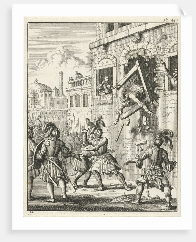 Henry II, Count of Champagne, plummeting through a broken window frame by Timotheus ten Hoorn