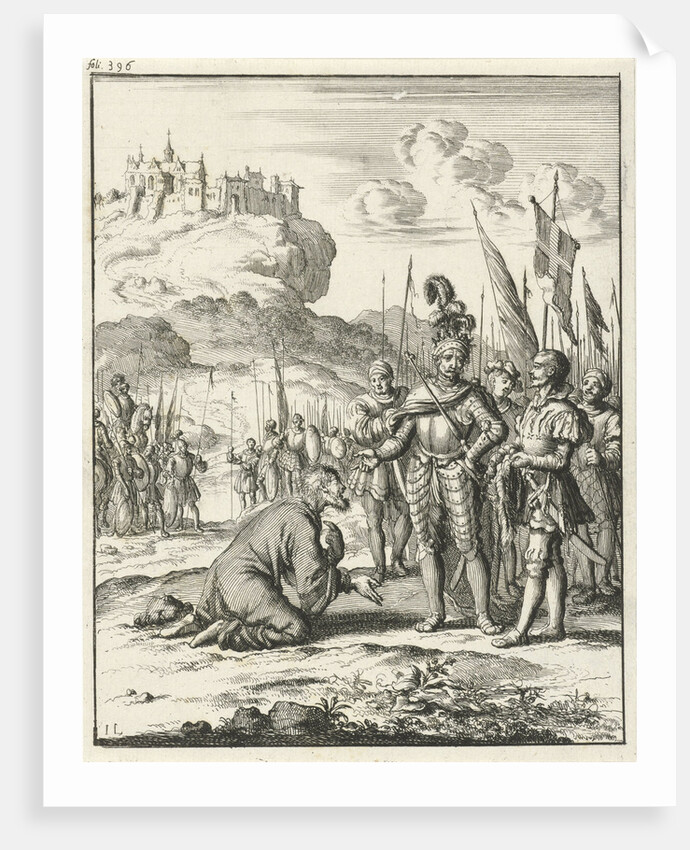 Isaac Komnenos of Cyprus is kneeling in front of Richard the Lionheart by Timotheus ten Hoorn