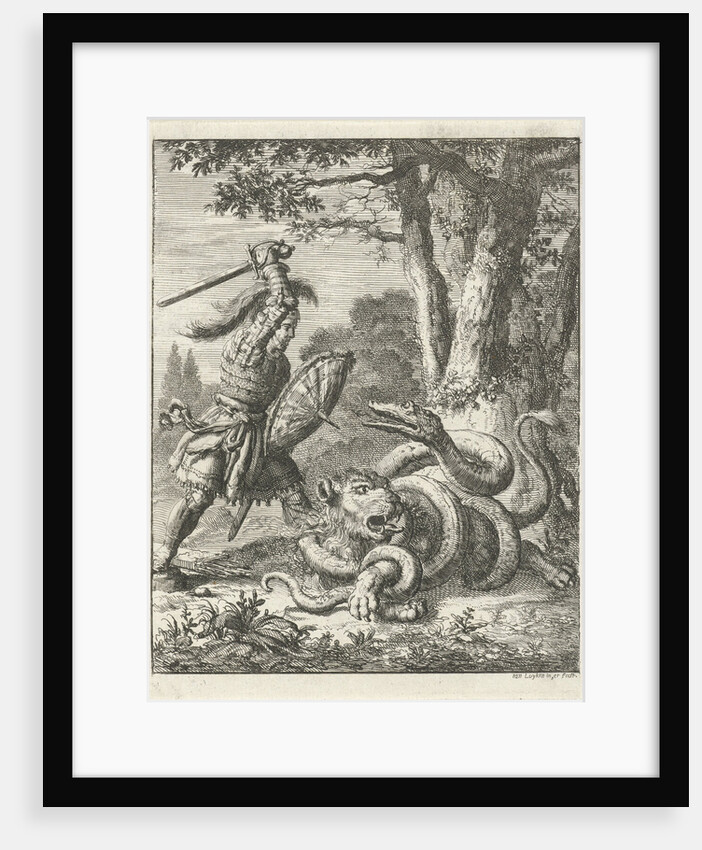 Godfrey of Bouillon free a lion from the stranglehold of a snake by Jan Luyken