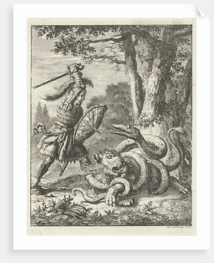 Godfrey of Bouillon free a lion from the stranglehold of a snake by Jan Luyken