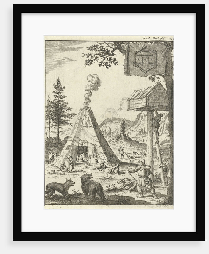 Laplander aims his bow and arrow at a wolf and a bear, Lapland by Jan Claesz ten Hoorn