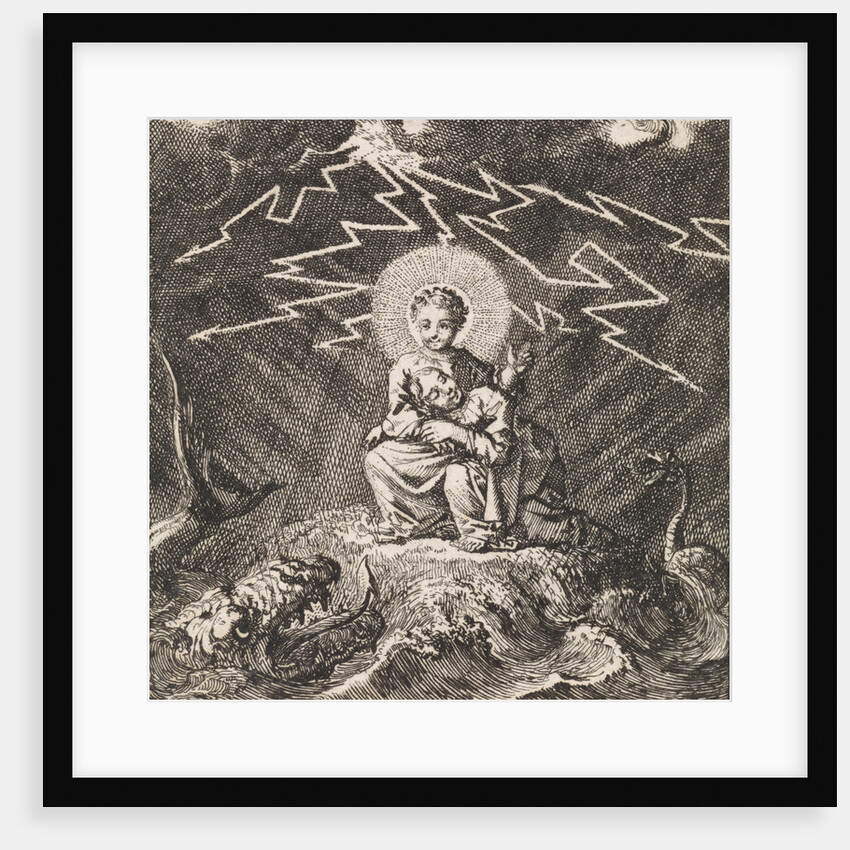Personified soul asleep in Christ's lap during storm and tempest by Jan Luyken