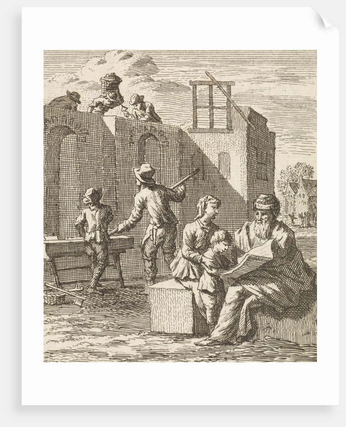 Grandfather shows his grandchild a leaf while in the background a house is built by Pieter Arentsz II