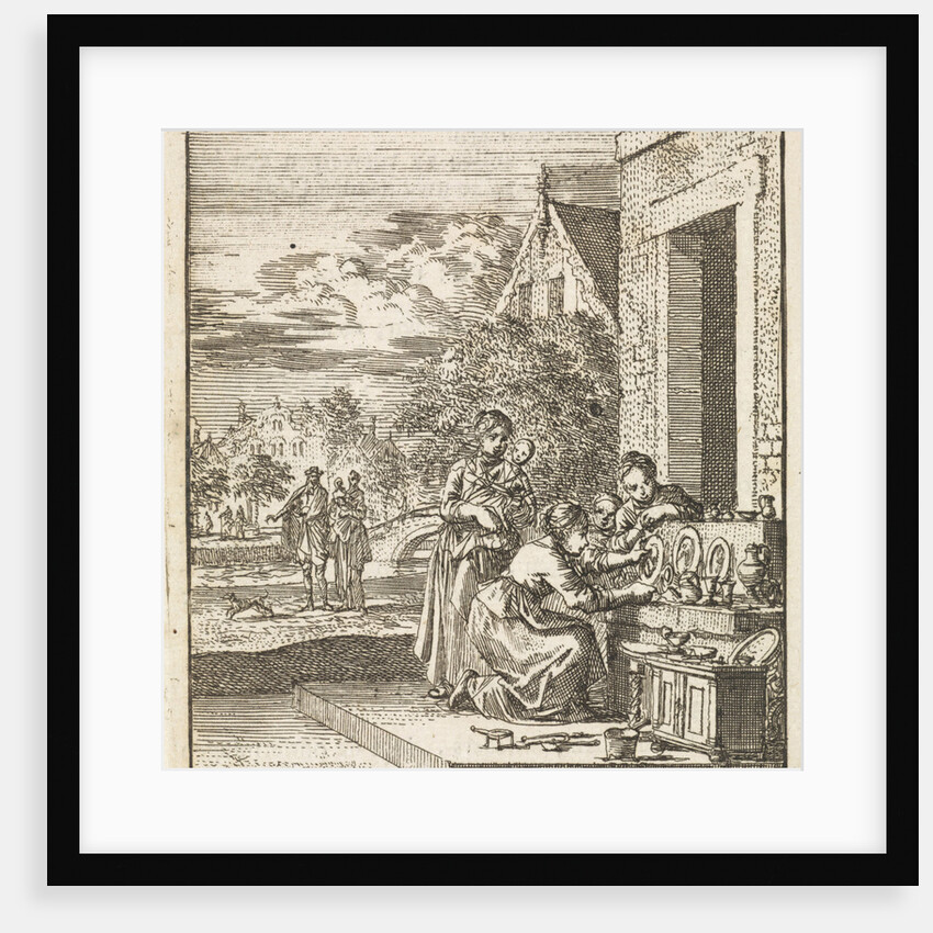 Girls exhibit dolls and tableware on the sidewalk by Cornelis van der Sys