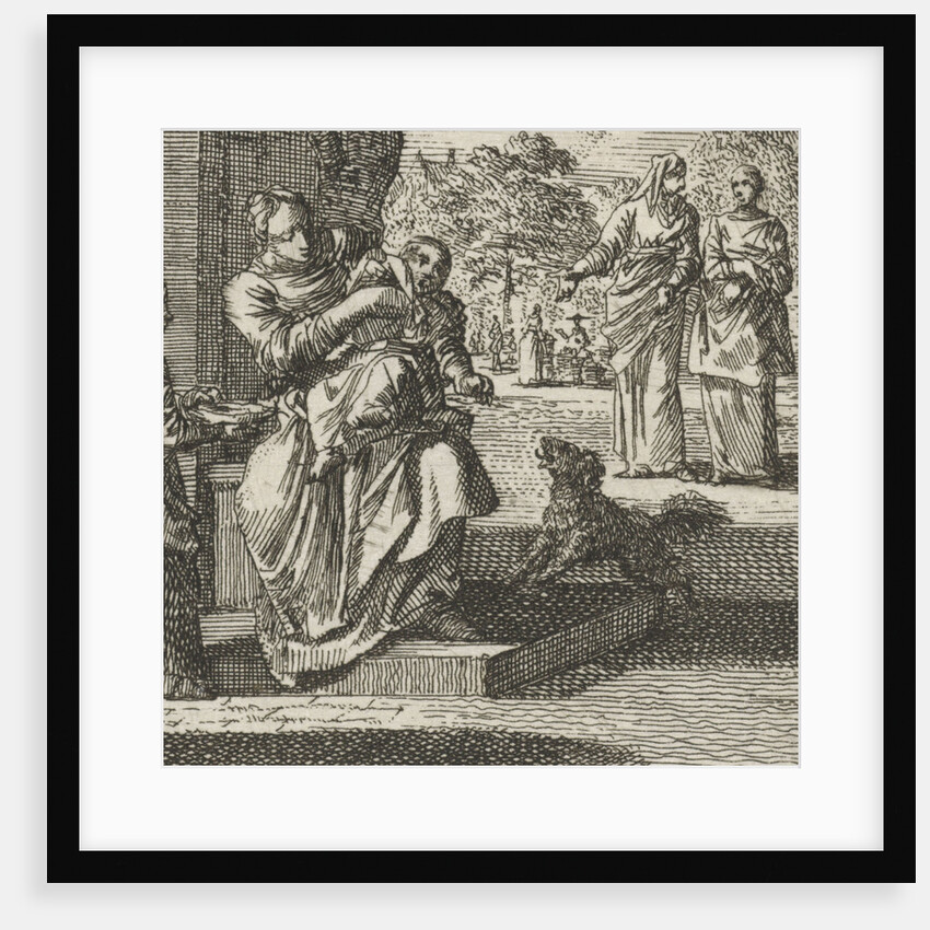 Mother washes her child on the sidewalk in front of the house by Jan Luyken