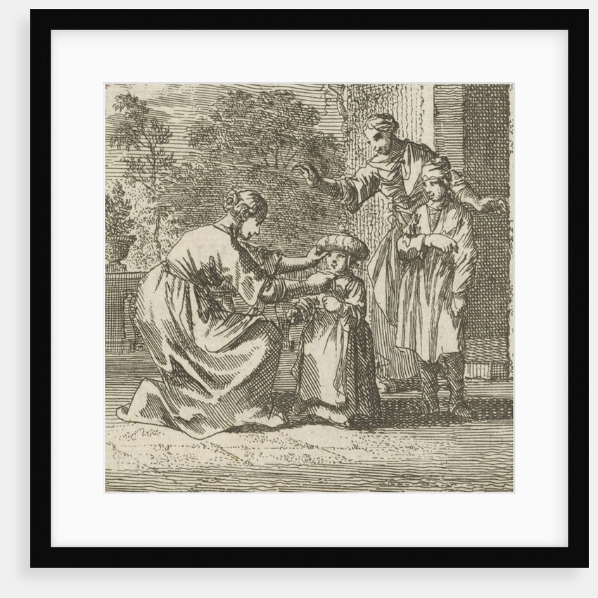 Child is given protective headgear in the garden by Cornelis van der Sys