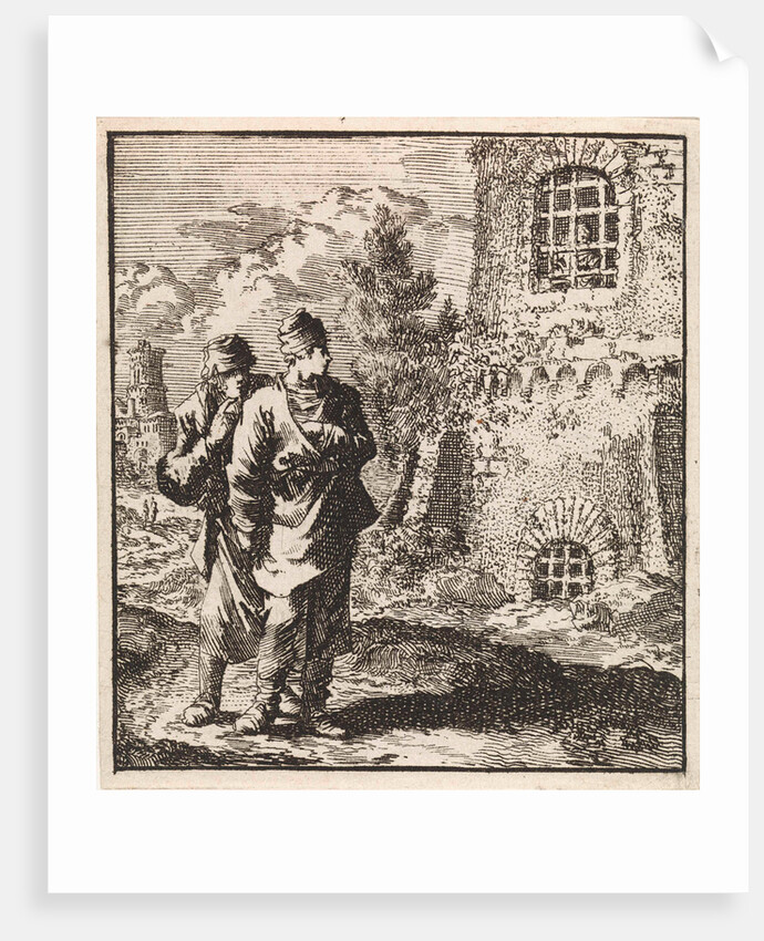 Two travelers watching a man behind the bars of a prison by Pieter Arentsz & Cornelis van der Sys II