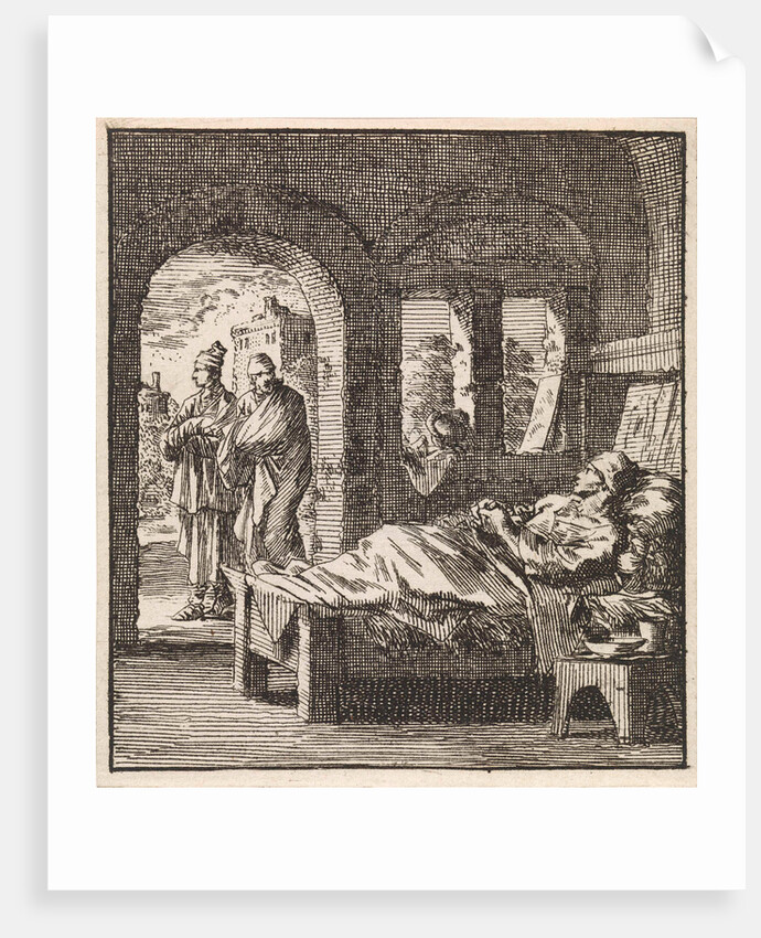Sick man is lonely in bed while outside two men walking past by Pieter Arentsz & Cornelis van der Sys II
