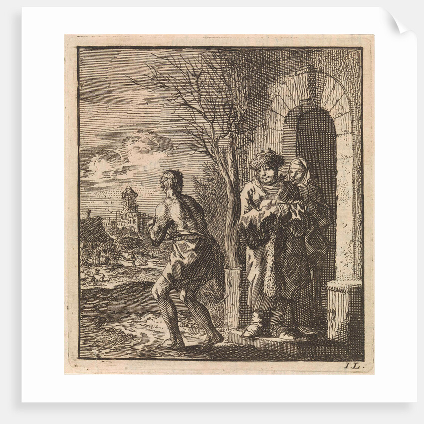 Man with fur coat and fur hat looking at almost naked man by Pieter Arentsz & Cornelis van der Sys II
