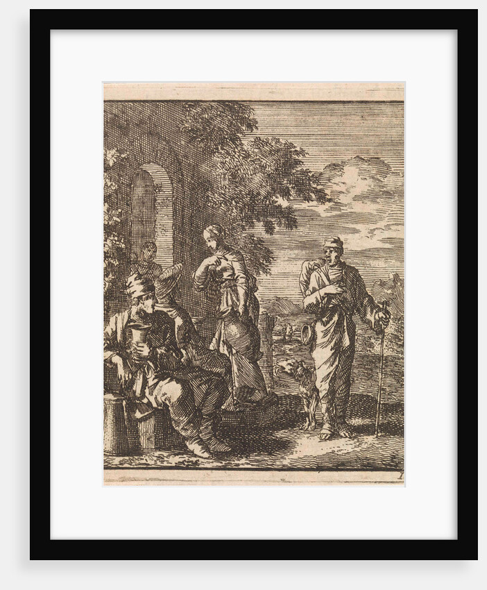 Seated man with cup and can turns from a thirsty hiker by Pieter Arentsz & Cornelis van der Sys II