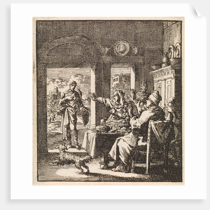 Family makes dismissive gestures to a poor man who asks for help by Cornelis van der Sys II
