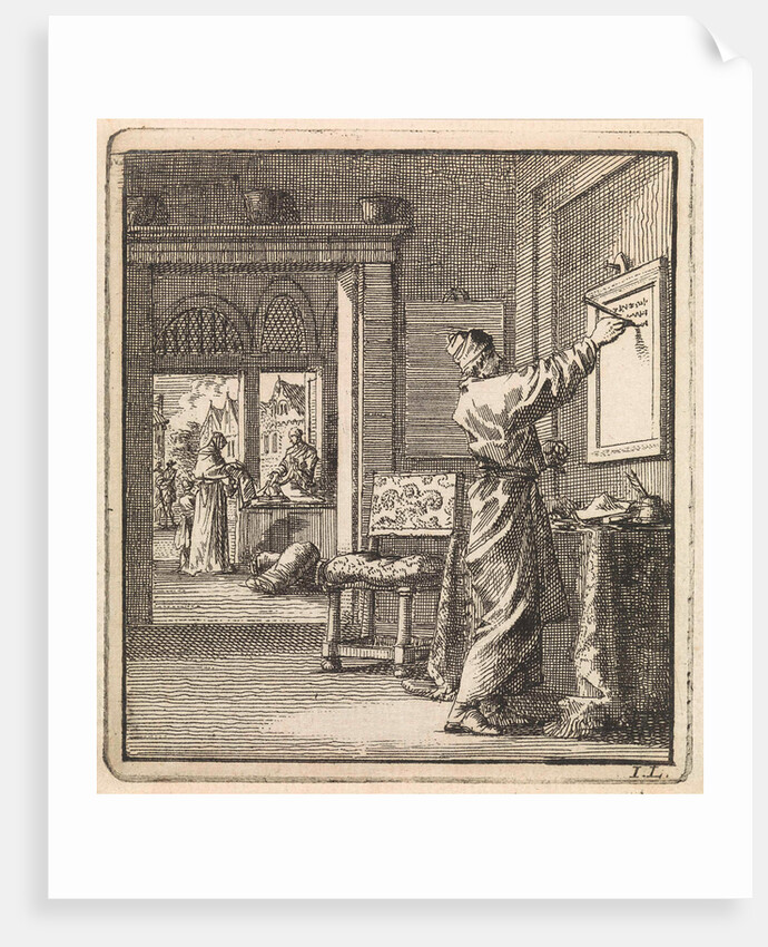 Man writing from right to left on a slate wall by Pieter Arentsz & Cornelis van der Sys II