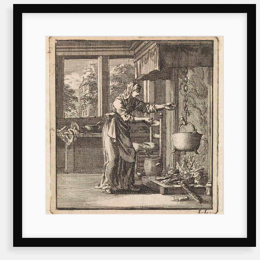 Woman reaches for the chain from a pot that hangs high above the fire by Pieter Arentsz & Cornelis van der Sys II