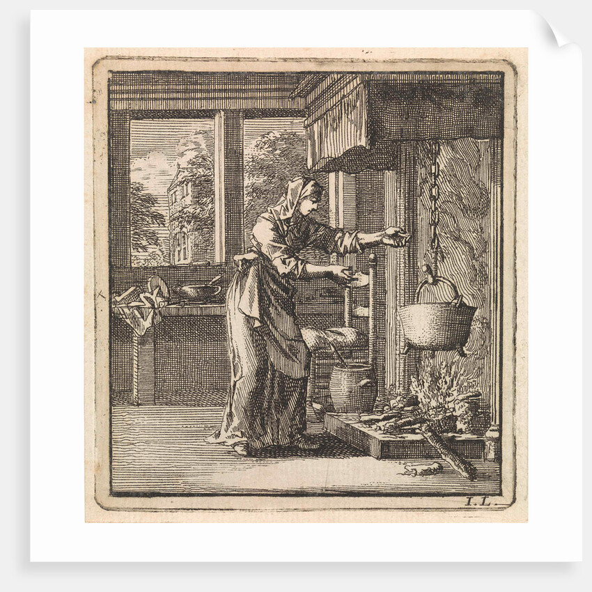 Woman reaches for the chain from a pot that hangs high above the fire by Pieter Arentsz & Cornelis van der Sys II