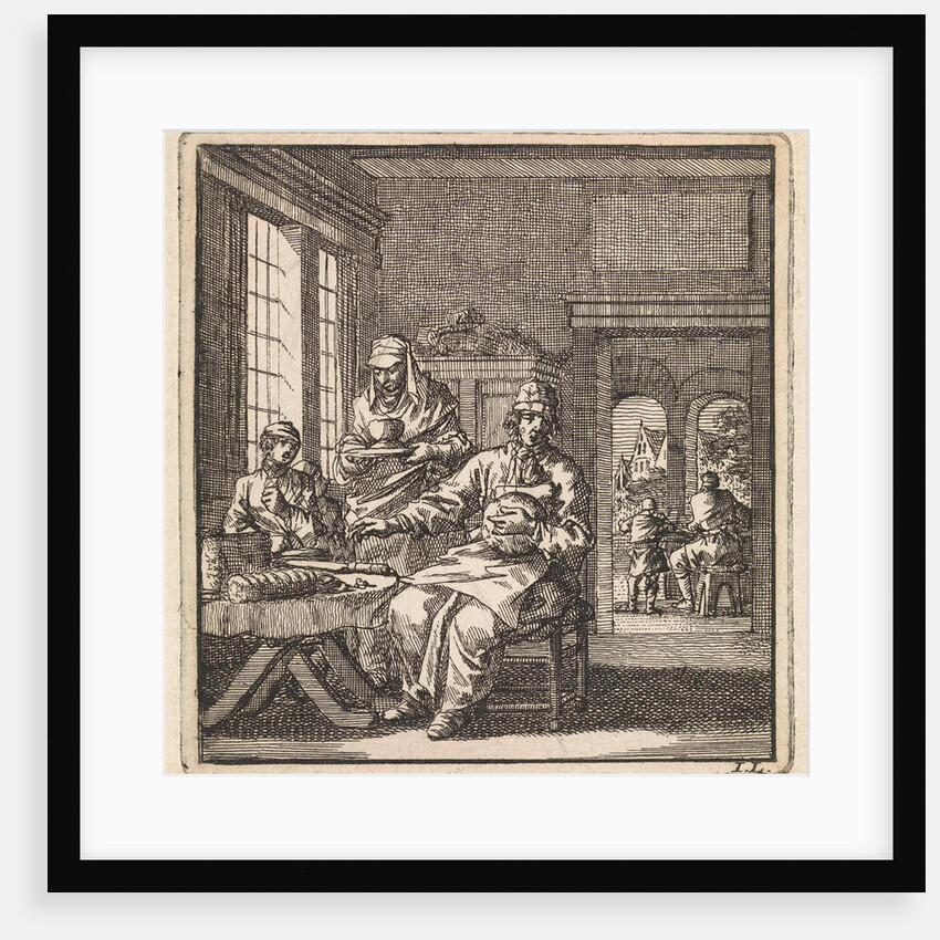 Figures at a table on which a loaf of bread and a knife can be seen by Pieter Arentsz & Cornelis van der Sys II