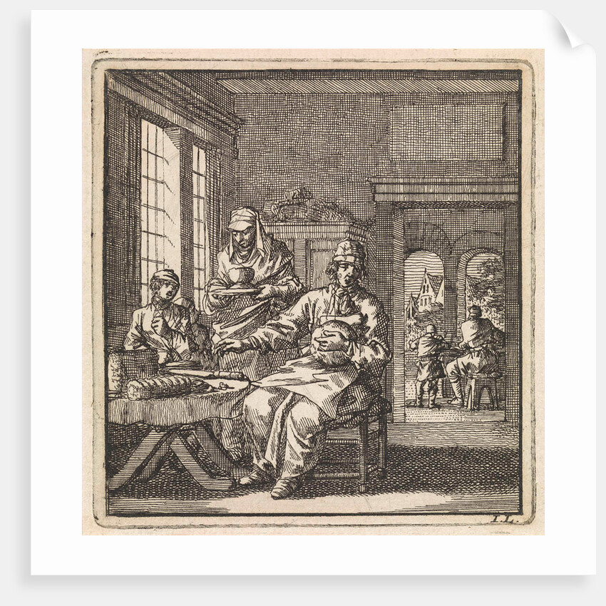 Figures at a table on which a loaf of bread and a knife can be seen by Pieter Arentsz & Cornelis van der Sys II