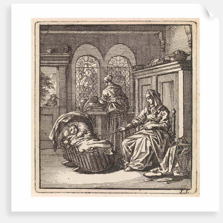 Woman next to a cradle with a baby by Cornelis van der Sys II