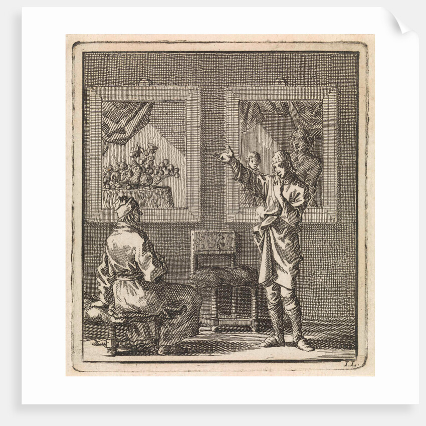 Young man talks about the paintings hanging behind him by Pieter Arentsz & Cornelis van der Sys II