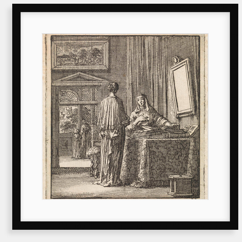 In addition to a mirror where a woman looks at another woman reading the Bible by Pieter Arentsz & Cornelis van der Sys II