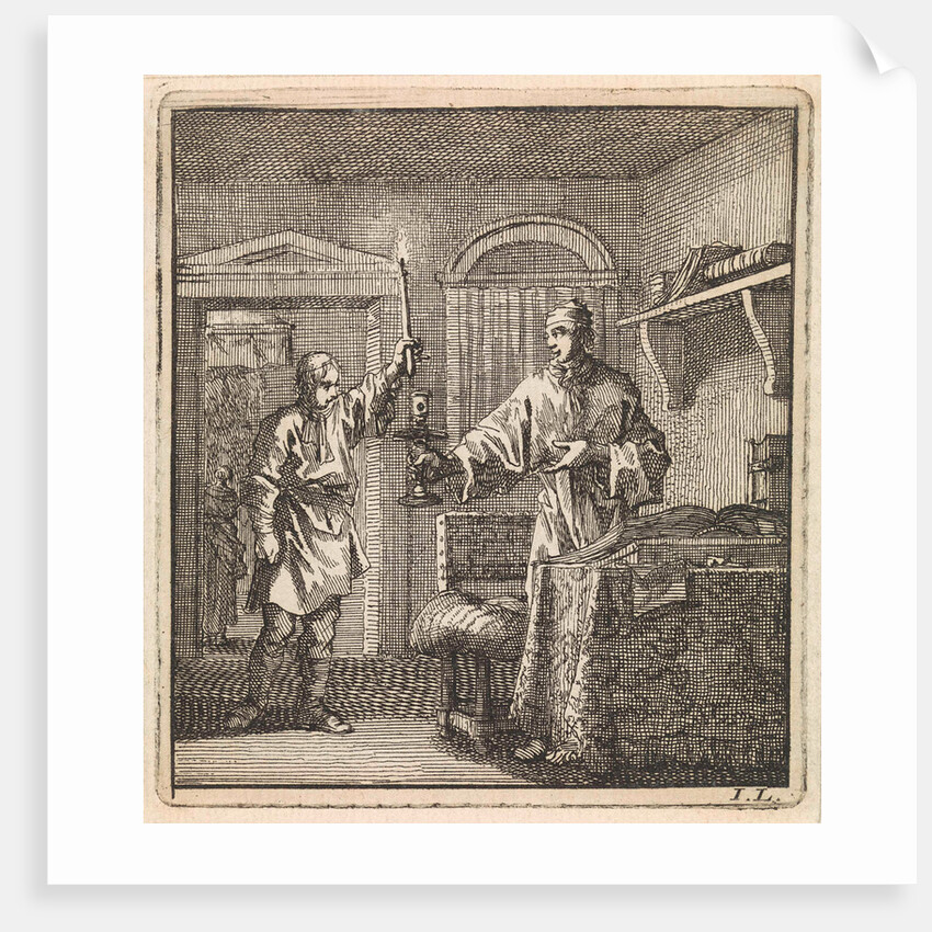 Man places a burning candle in the candlestick by Cornelis van der Sys II