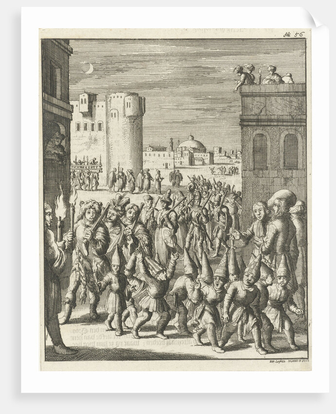 Procession of the shoemaker guild at Aleppo, preceded by a group of guys with paper pointed hats by Jan Luyken