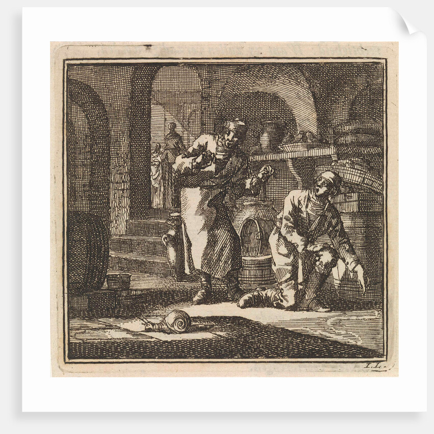 In a basement two men are looking at the trail of a snail by Pieter Arentsz & Cornelis van der Sys II