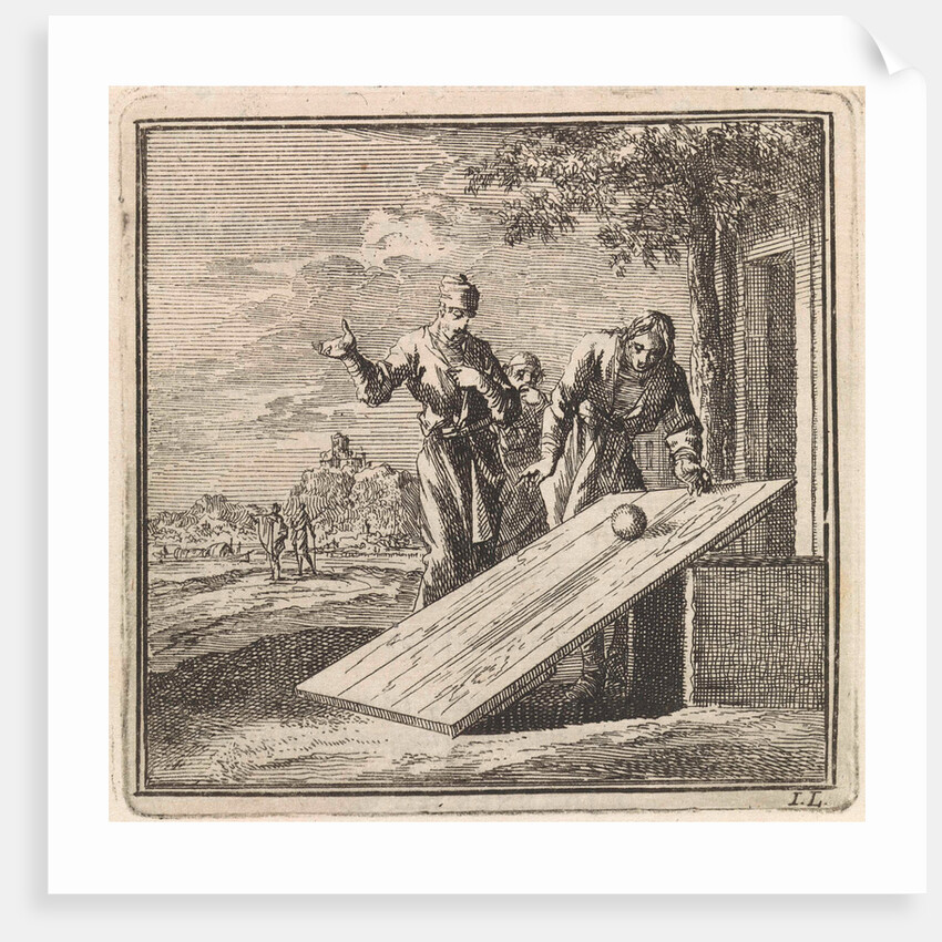 Two men let a ball roll down over a plank of wood by Pieter Arentsz & Cornelis van der Sys II