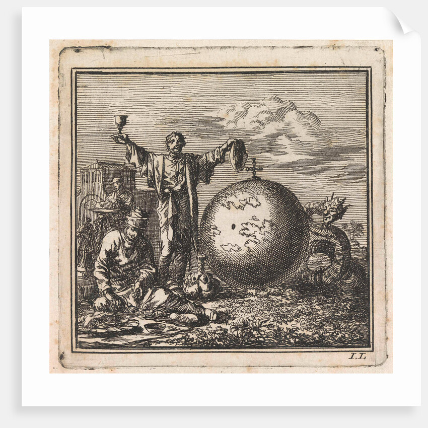 Two men enjoy food and drink while Satan is watching from behind the globe by Pieter Arentsz & Cornelis van der Sys II