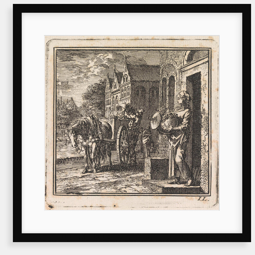 Woman in front of a house with a trash can in the form of a globe by Cornelis van der Sys II