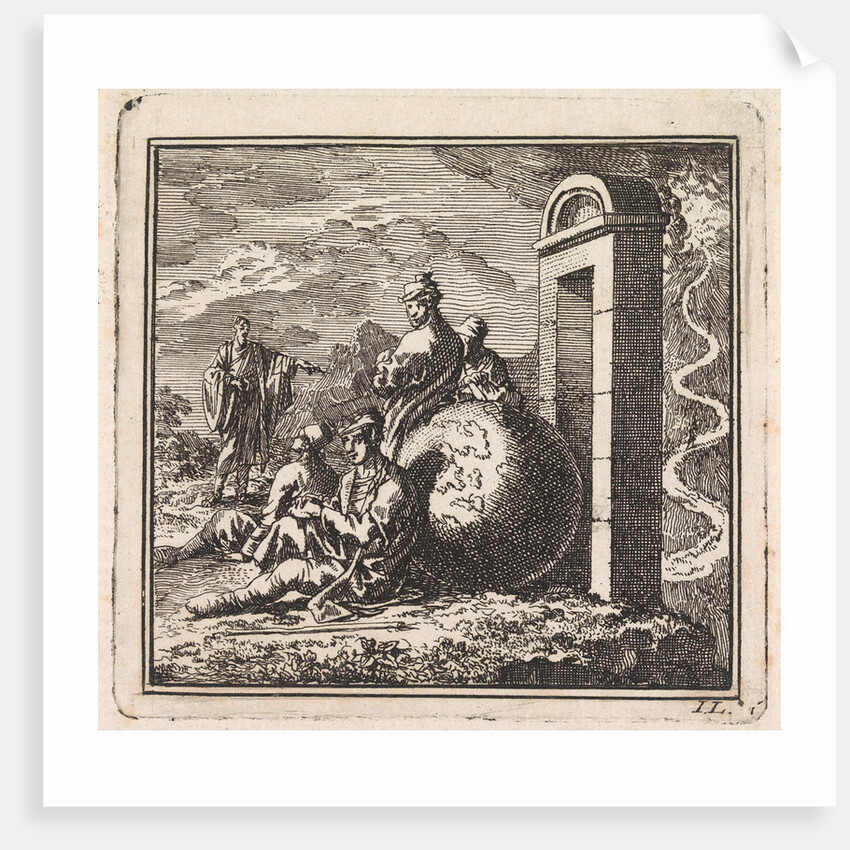 Before a narrow gate a few men rest near a globe by Cornelis van der Sys II