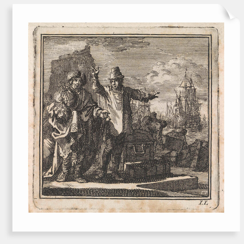 Conversation in a harbour between a man with a globe in his hands and a poorly dressed man with treasures by Pieter Arentsz & Cornelis van der Sys II