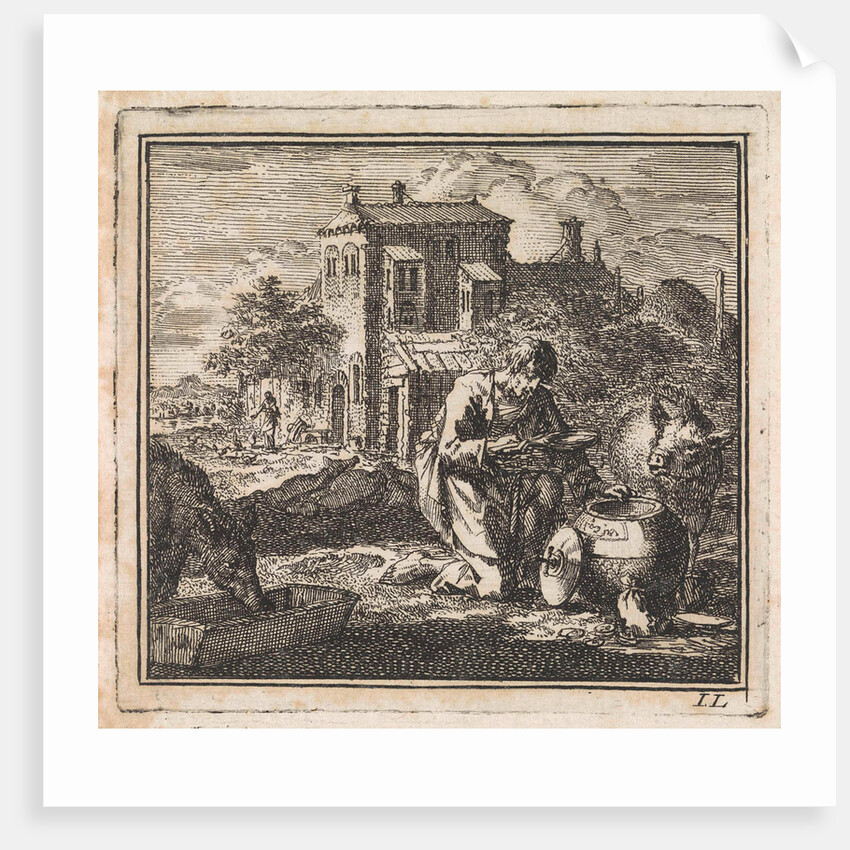 Poor man kneels between pigs and takes food from a vessel in the shape of the world by Cornelis van der Sys II