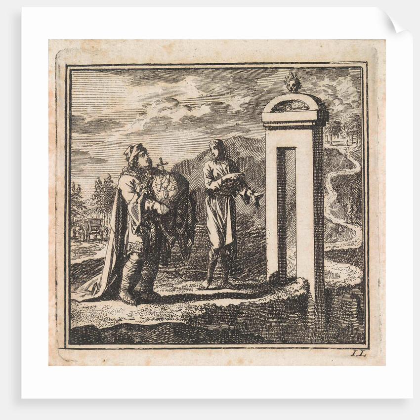 To pass through the narrow gate that leads to the narrow road, the man carrying the globe is too wide by Pieter Arentsz & Cornelis van der Sys II