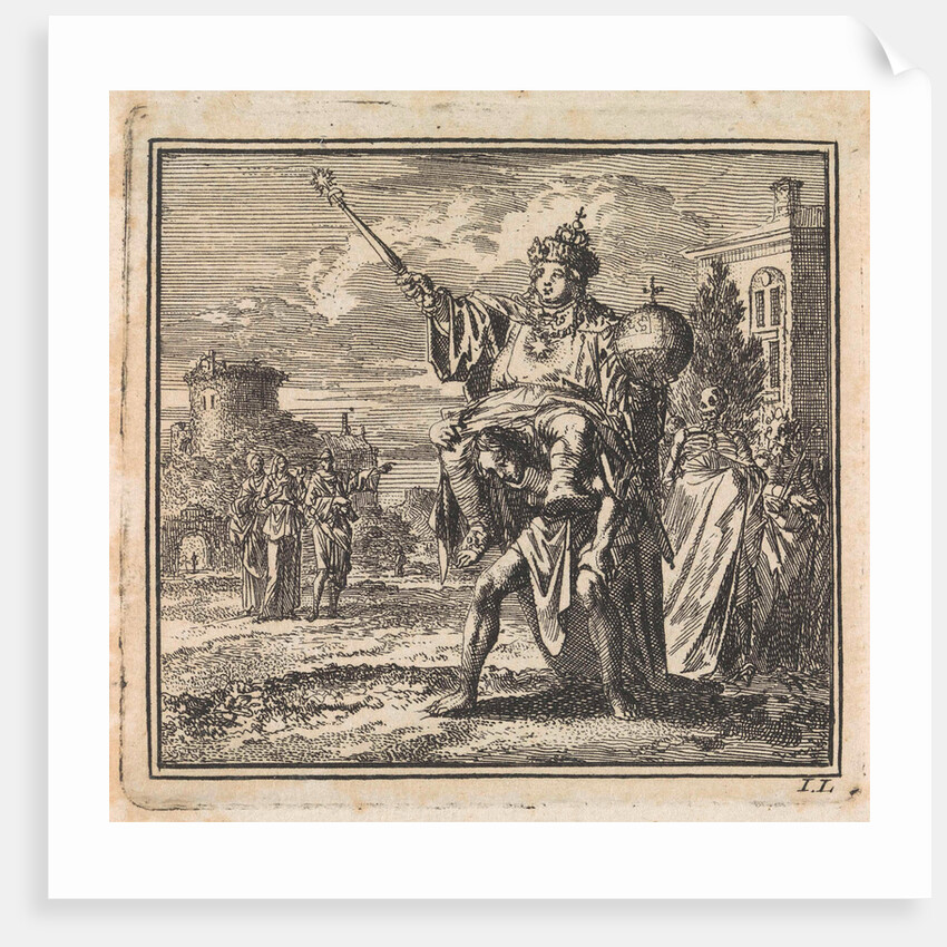Man is burdened by the weight of the dignitary on his back, whose cloak is carried by death and the devil by Cornelis van der Sys II
