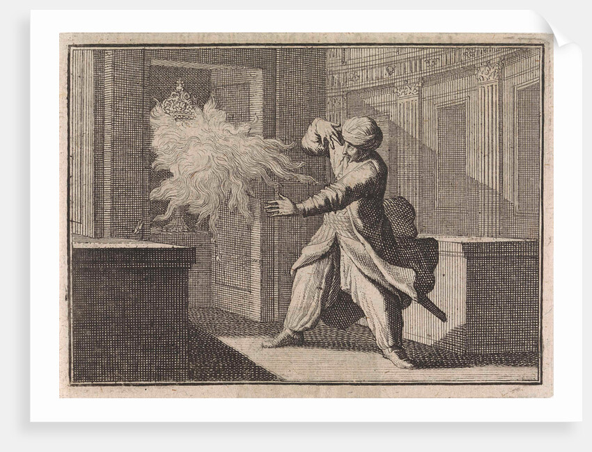 Oriental man looks out of curiosity in a closet at a host chalice, from which as punishment a flame bursts out by Frantz Martin Hertzen