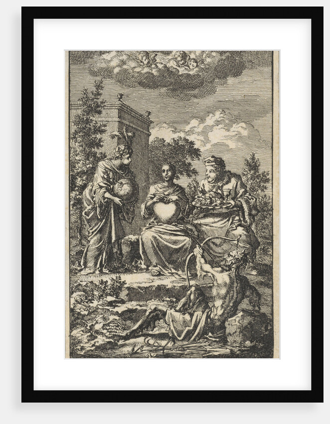 Woman holding a heart in her hands, sitting between the World and Lust by Jacob van Royen