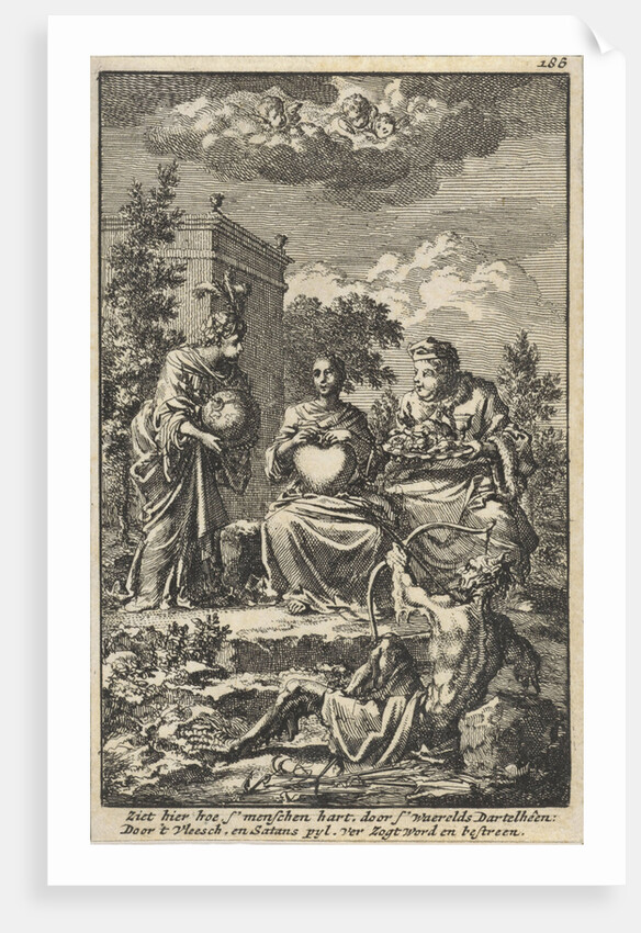 Woman holding a heart in her hands, sitting between the World and Lust by Jacob van Royen