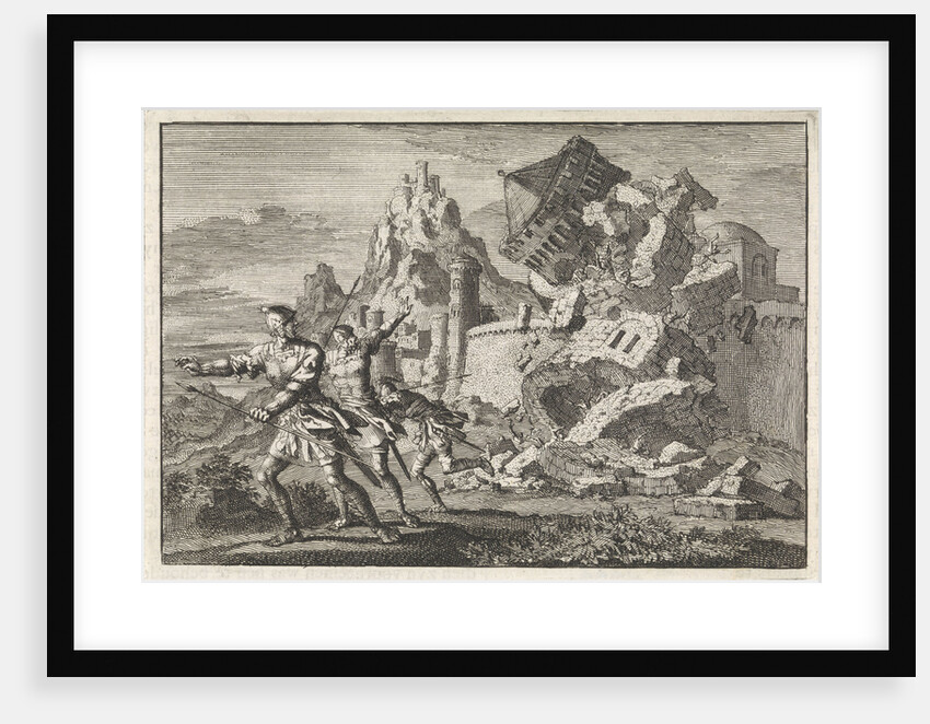 Roman soldiers make a tower on the wall of Gamala collapse by undermining it by Pieter Mortier