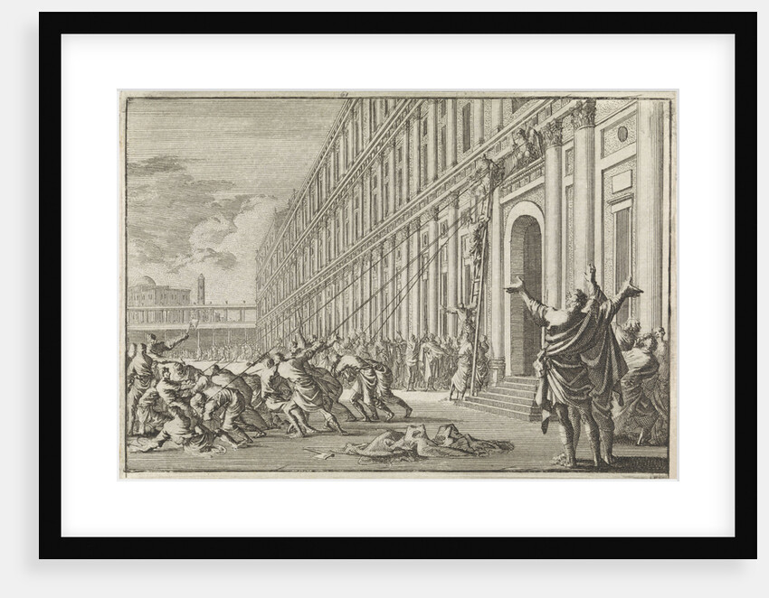The golden eagle of Herod is torn off the temple by people with ropes by Pieter Mortier