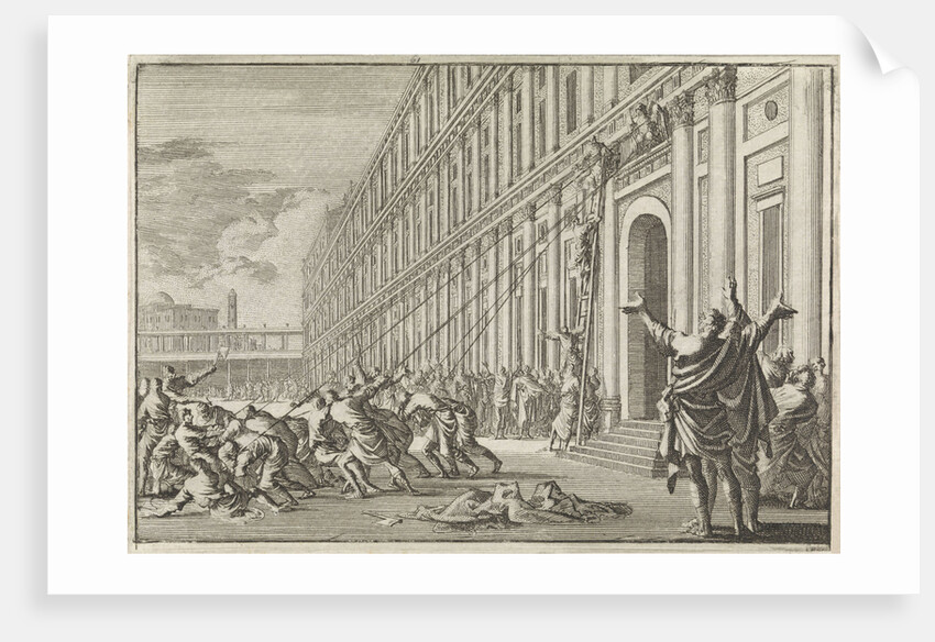 The golden eagle of Herod is torn off the temple by people with ropes by Pieter Mortier