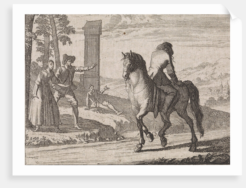 Nobleman who has gone insane sitting backwards on a horse by Christoph Weigel