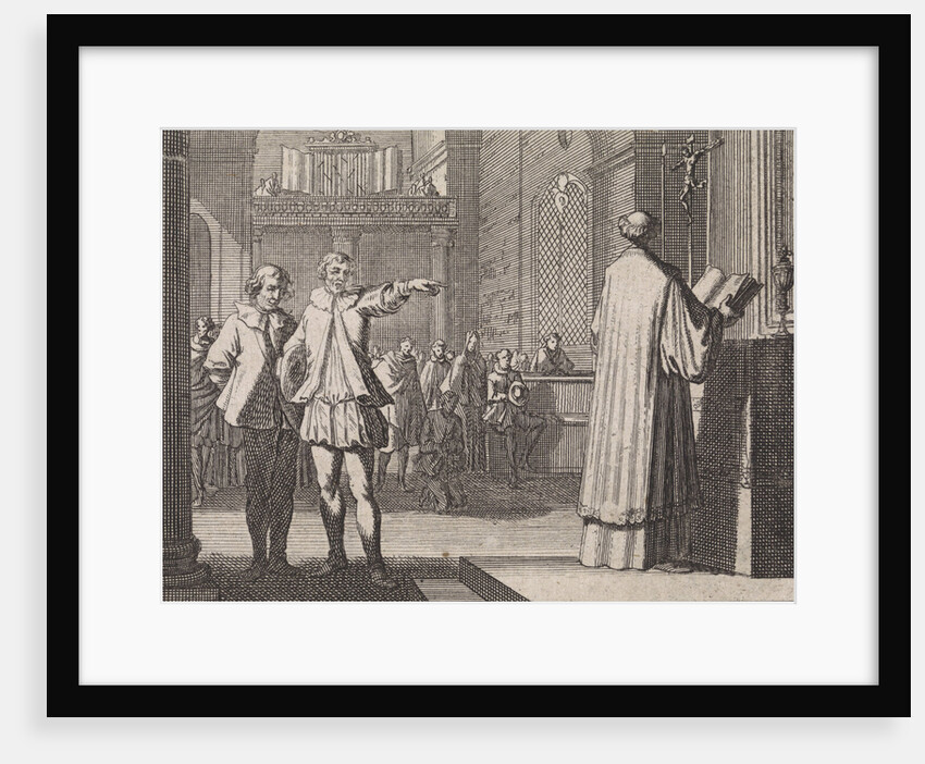 Young man pointing to a priest at the altar by Christoph Weigel