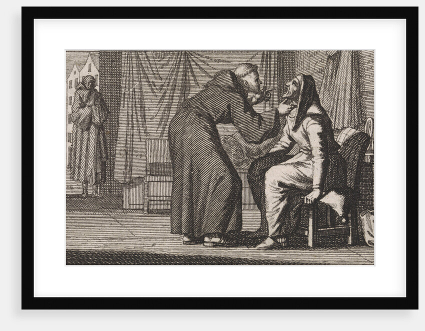 Monk looks into the gaping mouth of an old woman by Christoph Weigel