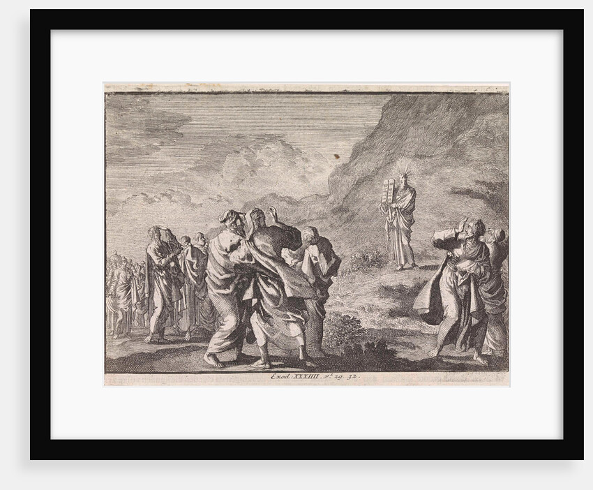 Moses received the law tables and displays them to the people by Pieter Mortier