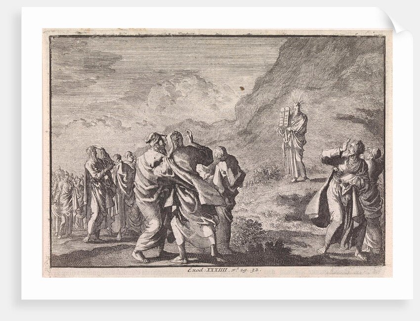Moses received the law tables and displays them to the people by Pieter Mortier